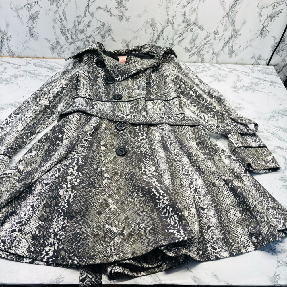Y2K Candie's Black Grey & White Snake-Print Trench Coat with Belt Size Medium - Picture 7 of 12